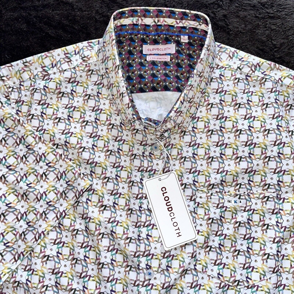 New Cloud Cloth Colorful Geometric Short‎ Sleeve Button Up Shirt Mens XL